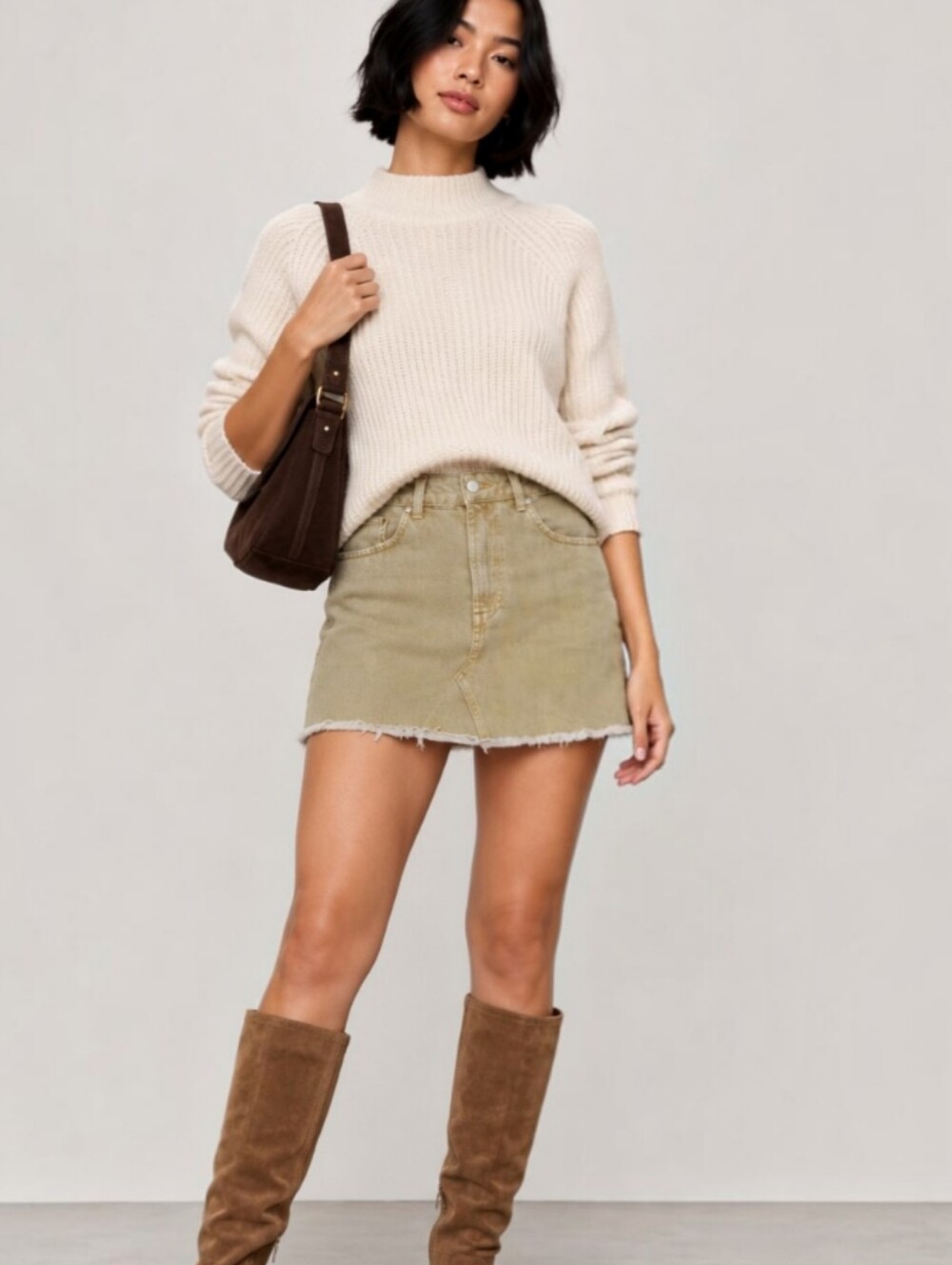 Zara High Rise Frayed Distressed Over-Dyed Khaki Ocher Denim Mini Skirt Small